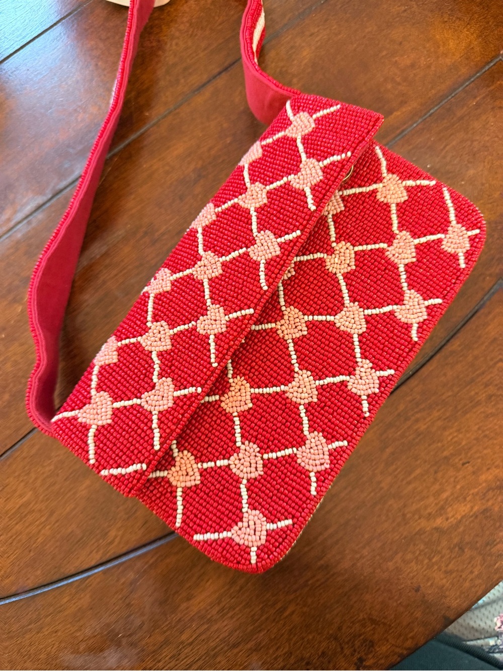 Maeve Red Beaded Shoulder Bag pink hearts